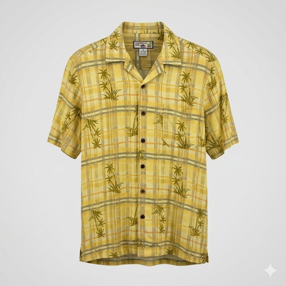 Caribbean Joe Mens Yellow Plaid Palm Tree Rayon Short Sleeve Camp Shirt Medium